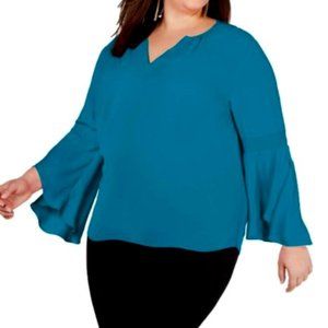 Inc Top Blue Size 2x Plus Knit V Neck Smocked Bell